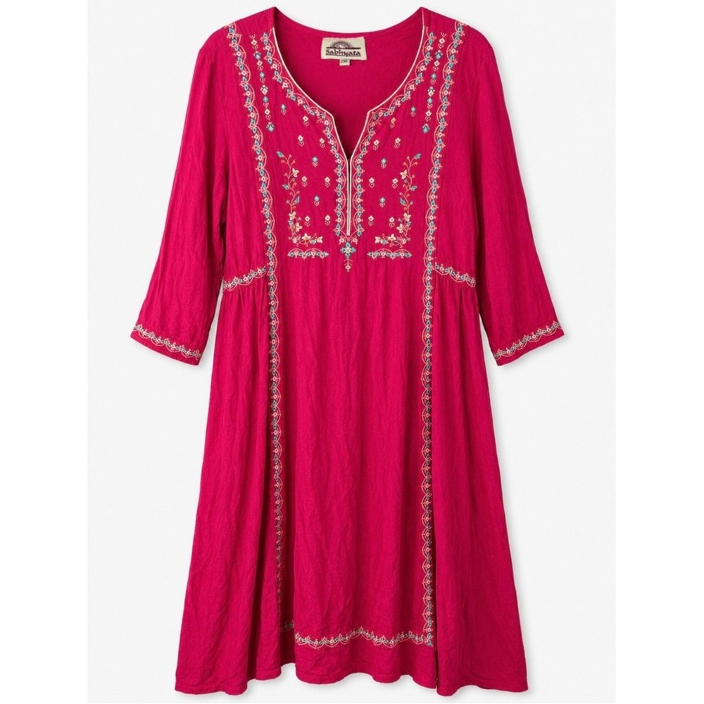 Sabhyata Magenta Pink Embroidered Boho Tunic Dress 2XL Floral Tassel Tie Back